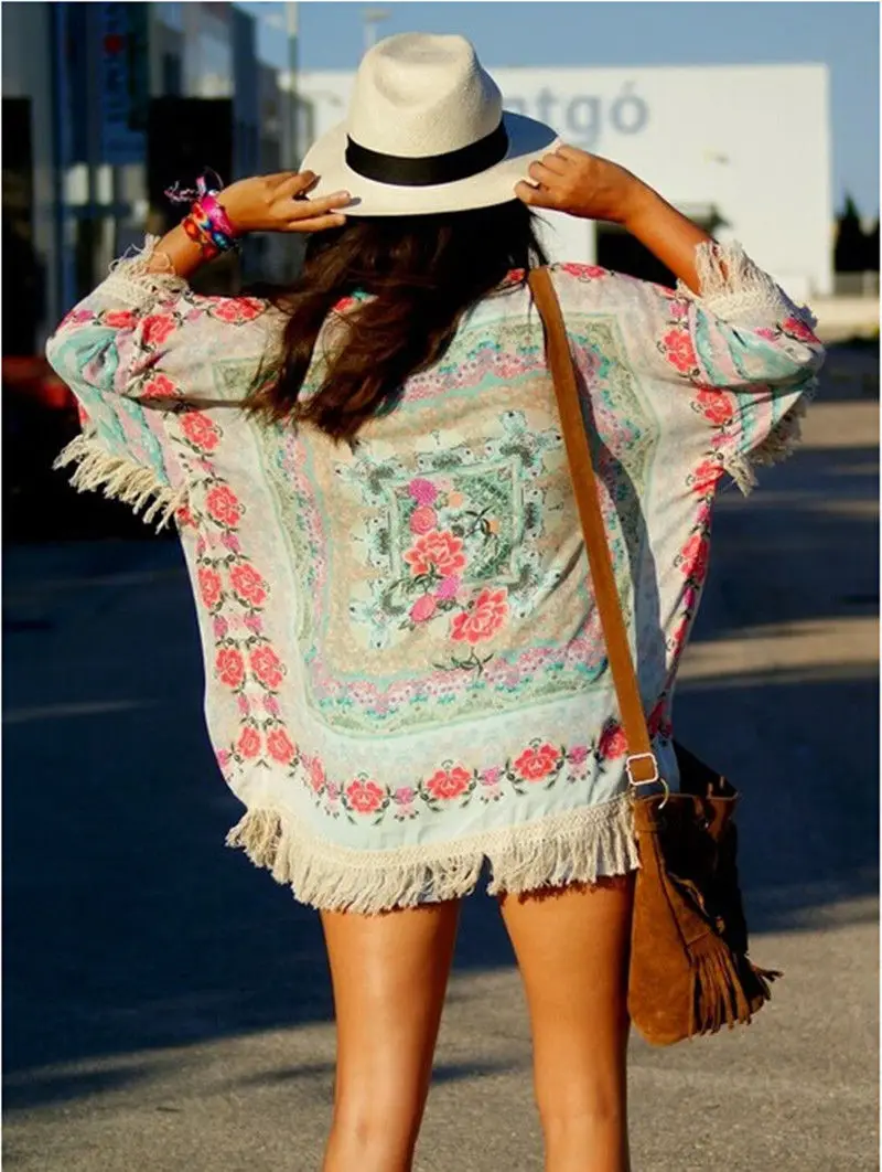 

New Women Fringe bat-type Floral Print Bikini Cover-Ups Cardigan Tassels Beach Cover Up Cape Swimwear Summer