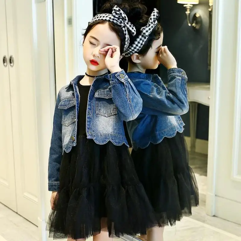 

2018 New Fashion Autumn Infant School Girls Denim Clothing Set 2pcs Long Sleeve Tutu Dress + Jeans Denim Jackets 10 12 14 Years