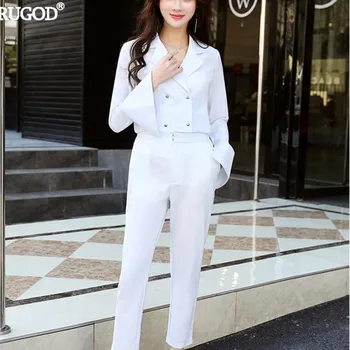 

RUGOD 2019 Fashion Women Pant Suits Korean Office Lady Suits Chic Split Cuff Double Breasted Blazer Suit Summer Autumn Tracksuit