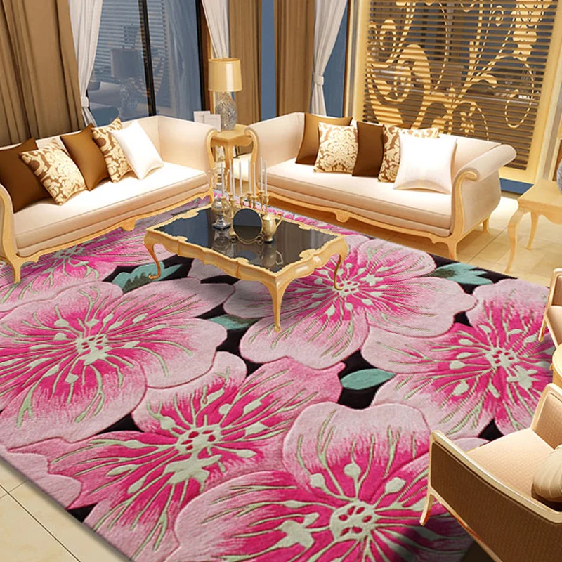 

Pink Wool European And Ameircan Style Fashion Floral Modern Pattern Absorbent Non-Slip Modern Carpet For Living Room Bedroom