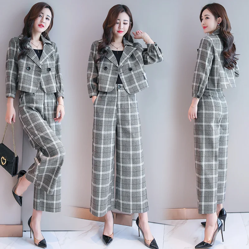 

YASUGUOJI New 2019 Office Lady Double Breasted Short Blazer with Wide Leg Pants Suits Women Plaid 2 Piece Pant Suits for Women