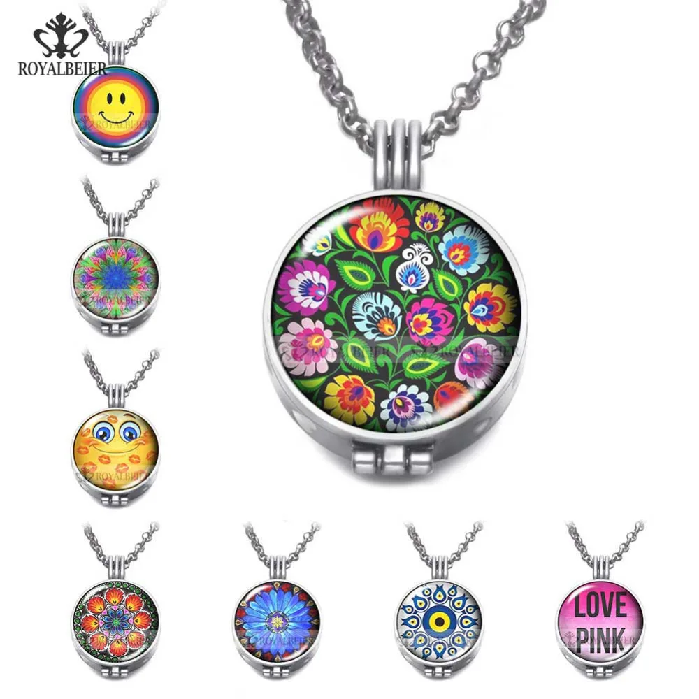 

ROYALBEIER 1pc Aroma Open Antique Vintage Locket Pendant Perfume Round Shape Aromatherapy Diffuser Necklace Locket 80Cm Charms