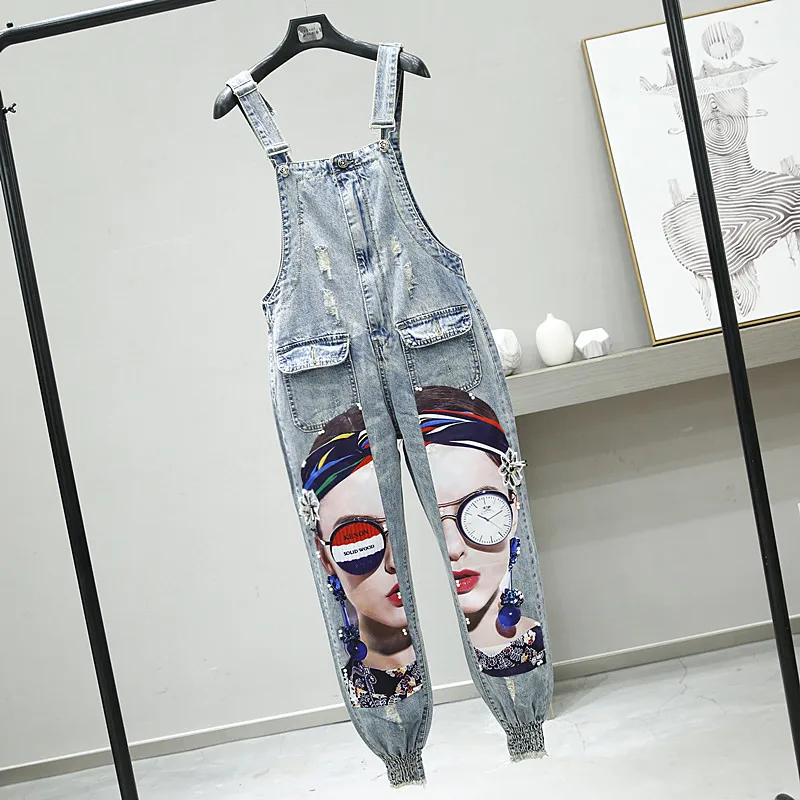 Большие размеры; джинсы на бретелях для девочек; модные студенческие бусины с отверстиями; шаровары; сезон весна-осень; винтажные джинсовые штаны; брюки