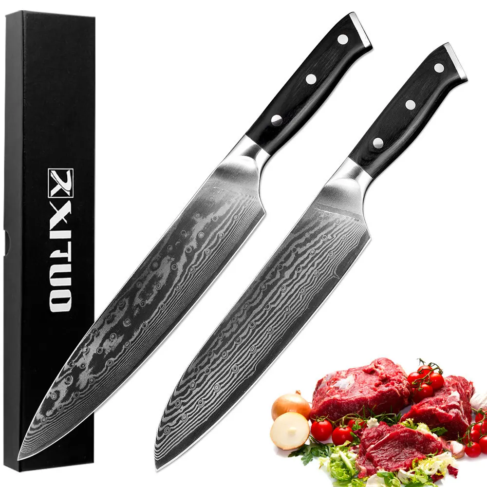 

XITUO 2PCS Set Kitchen Chef Knife Japan Santoku Knife Razor Sharp Damascus Meat Cut Beef Fish Sushi Knife Tool Gift Ergonomic