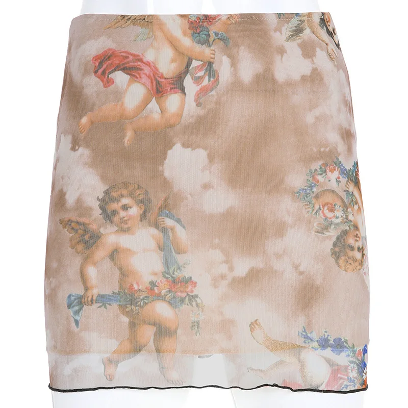 LVINMW, сексуальная сетчатая мини юбка-карандаш с принтом ангела,, летняя Женская эластичная высокая талия, пуш-ап, kawaii, облегающая юбка