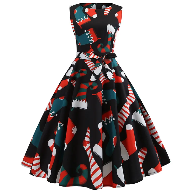 

2019 New Best Selling Women's Christmas Slim Sleeveless Print Retro Large Dress Vintage A-Line Sleeveless Bow Regular O-Neck