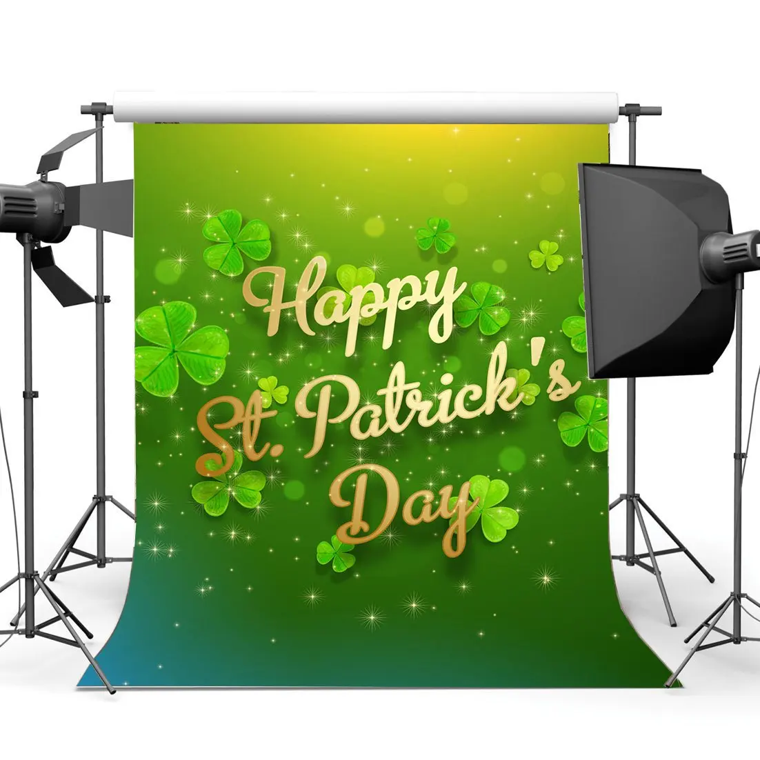 

Happy St.Patrick's Day Backdrop Lucky Irish Shamrock Green Four-leaf Clover Bokeh Glitter Leaves Background