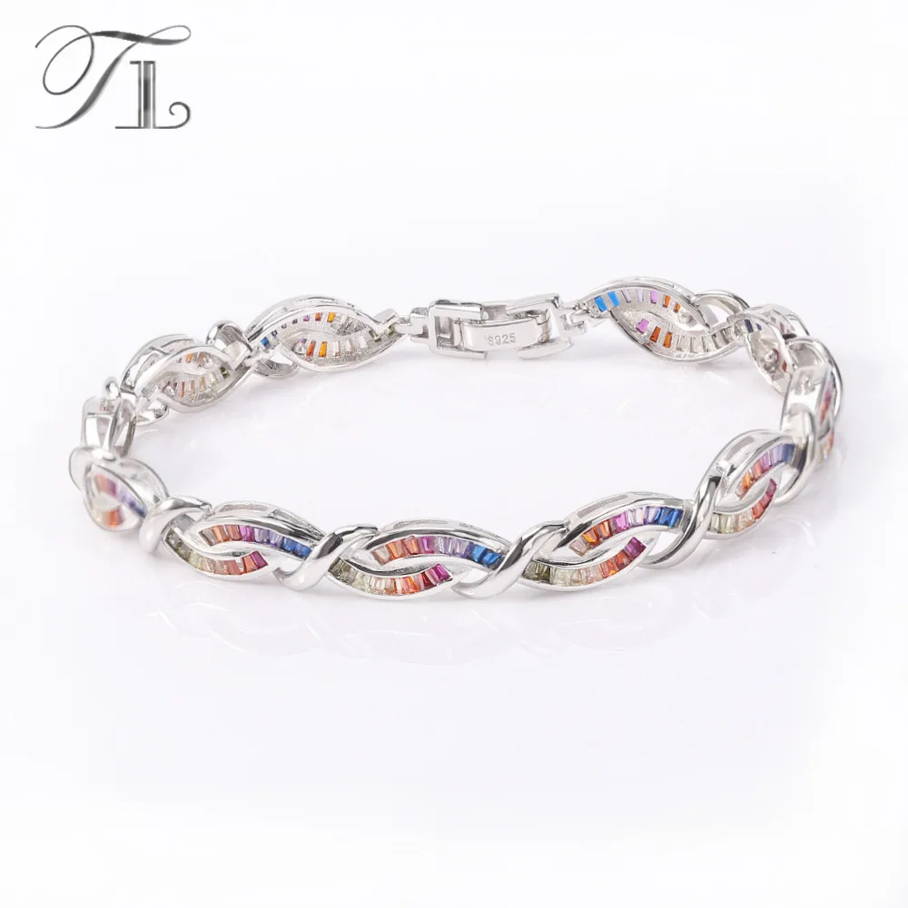 

TL 925-Sterling-Silver Bangles&Bracelets For Women Double Twist Interval Bracelets Inlay Rainbow Cubic Zircon 925 Silver Jewelry