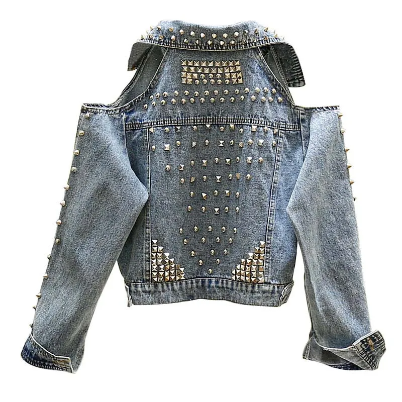 

European Vintage Short Jean Jacket Coat Woman 2019 Autumn Heavy Rivet Loose Long Sleeve Denim Jackets Women's Handsome Jacket