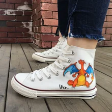 Вэнь белая ручная роспись Аниме обувь дизайн на заказ Charizard Покемон карманный монстр высокие мужские женские парусиновые кроссовки