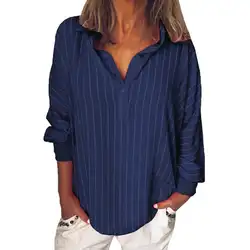 Модные летние женские блузки в полоску, свободная повседневная полосатая рубашка с длинными рукавами и пуговицами для девочек, топ, блузка