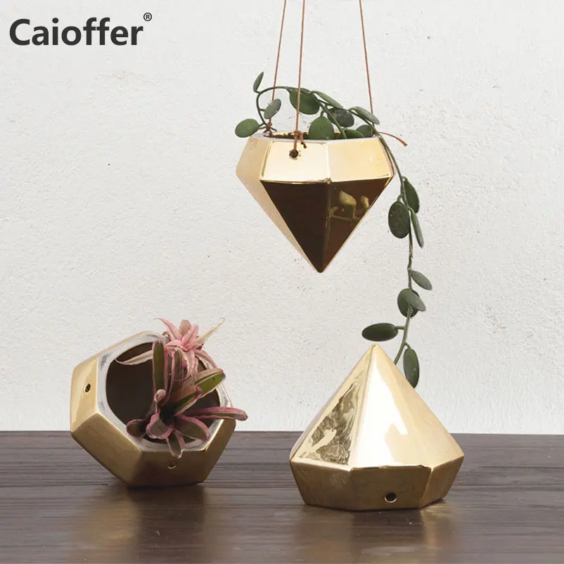 

Caioffer Hanging Flower Planter Diamond Style Gold Vase Decoration Home Small Ceramic Jarrones Decorativos Moderno For Flowers
