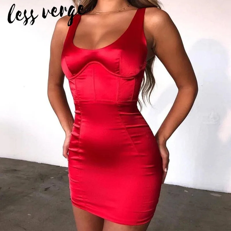 

lessverge Sexy red satin summer dress women Spaghetti strap bodycon short mini party dresses Low cut chest club dresses vestidos
