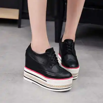 

2017 Brand Platform Shoes Women Lace Up Casual Pumps Wedges Heeled Spring Burgundy Round Toe Brogue Shoes S4357