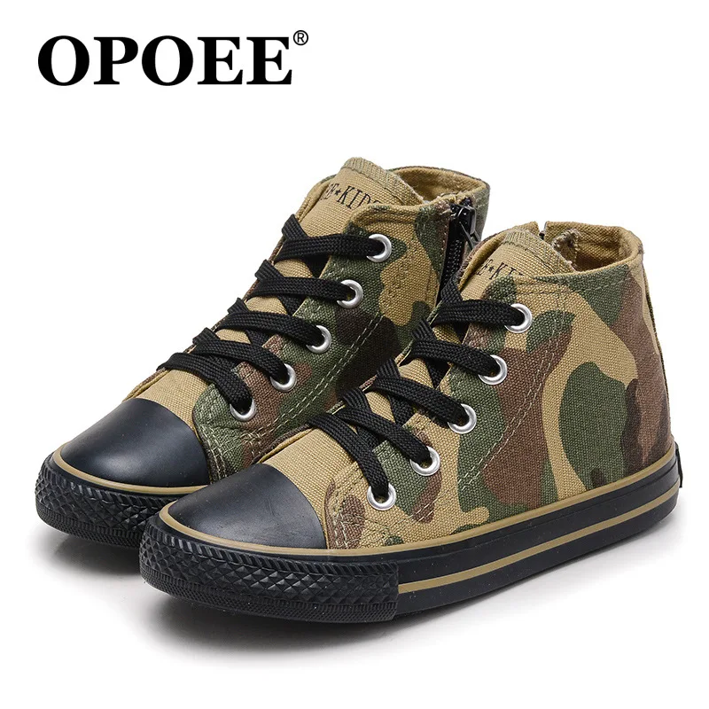 Opoee/Брендовая детская обувь; повседневная обувь для мальчиков и девочек; коллекция года; сезон весна; модные парусиновые камуфляжные Высокие Детские кроссовки; спортивная обувь