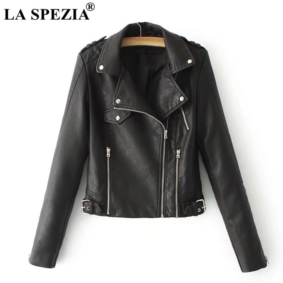 

LA SPEZIA Black Jacket For Women Biker Rock Leather Jacket With Belt Female Zippers Pockets Motorcycle Slim Fit Punk Autumn Coat