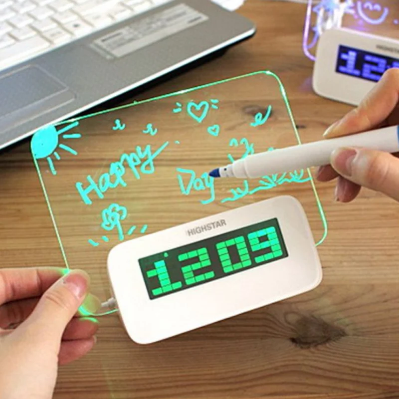 Цифровой будильник, светодиодный, флуоресцентный, с доской для сообщений, многофункциональные, светящиеся, настольные часы, подарок, можно написать и нарисовать
