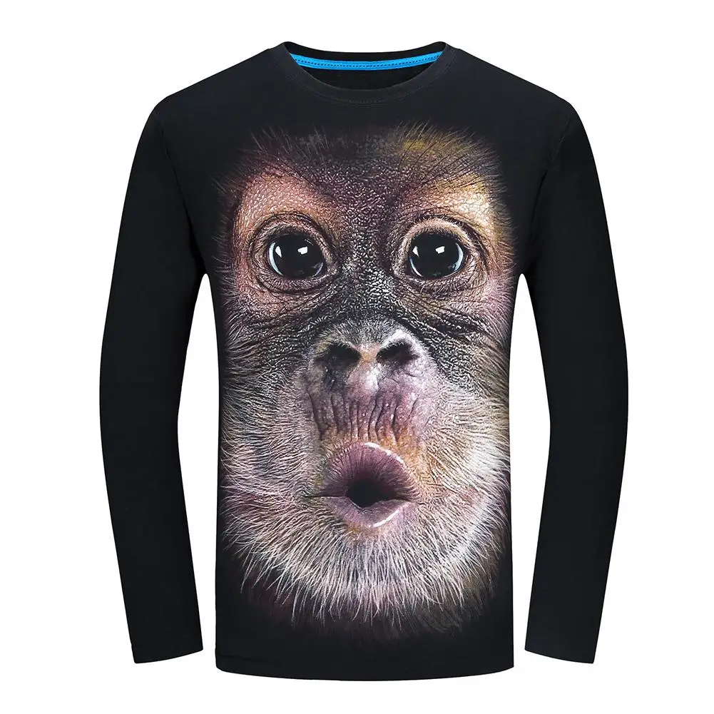 Soft cotton Funny 3D Monkey Printed Long Sleeve O Neck Men Autumn T