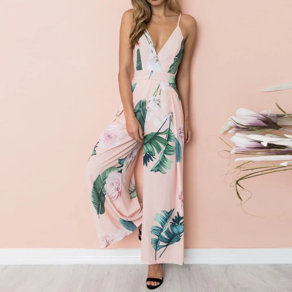 

Floral Jumpsuits Female Chiffon V-Neck High Waist Bow long Hollow Wide Leg Trouser Women autumn Fashion OL Rompers 2019 Playsuit