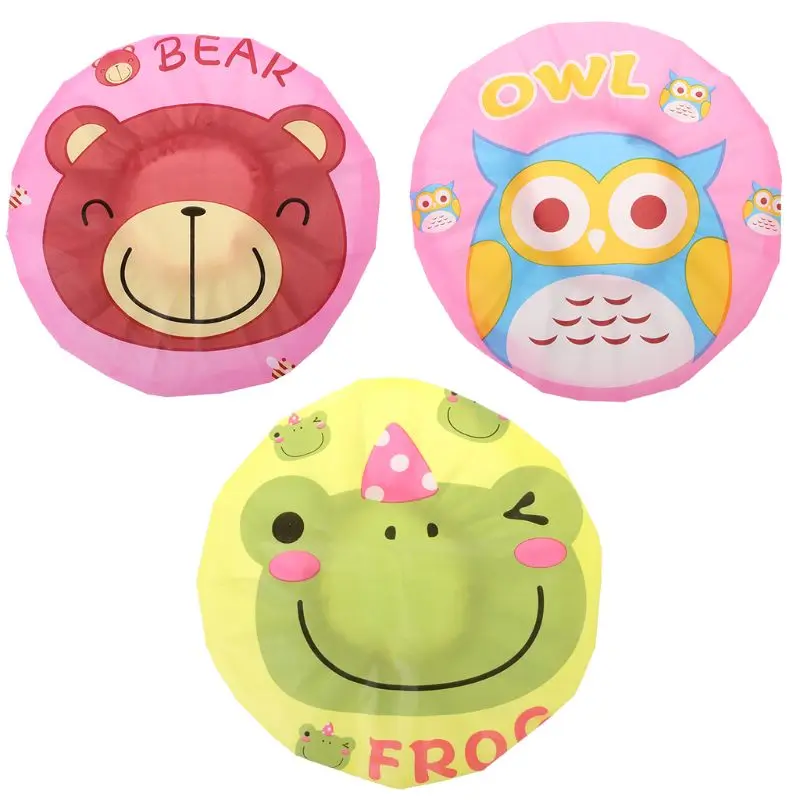 

Kids Waterproof EVA Shower Cap Cute Cartoon Frog Bear Owl Printed Ruched Pleated Elastic Baby Bathing Head Hat Cover
