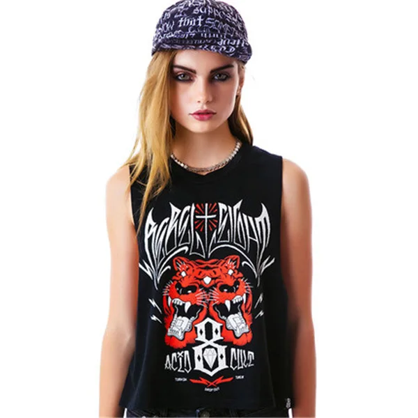 Hyt036 Punk métal Style femmes vêtements Tiger imprimer O cou sans manches t , shirt femme