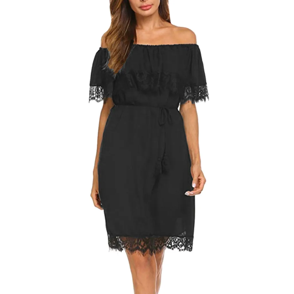

Off Shoulder casual dress girl Solid summer dresses and sundresses Lace Sexy Mini Sundress Dress sukienka vestidos#G6