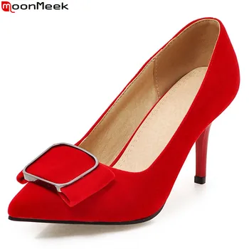 

MoonMeek 2020 pointed toe female shoes extreme high heels with butterfly knot pointed toe flock thin heel pumps women shoes