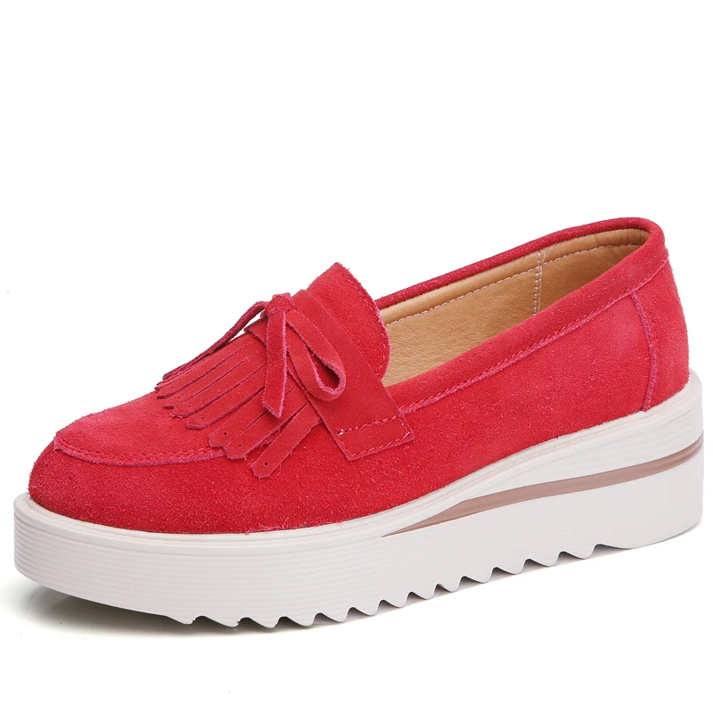 O16U Spring Women Flat Platform Shoes Suede Leather Tassel Loafers Slip on Casual Shoes Women Moccasins Ladies Creepers - Цвет: Red TT.2859