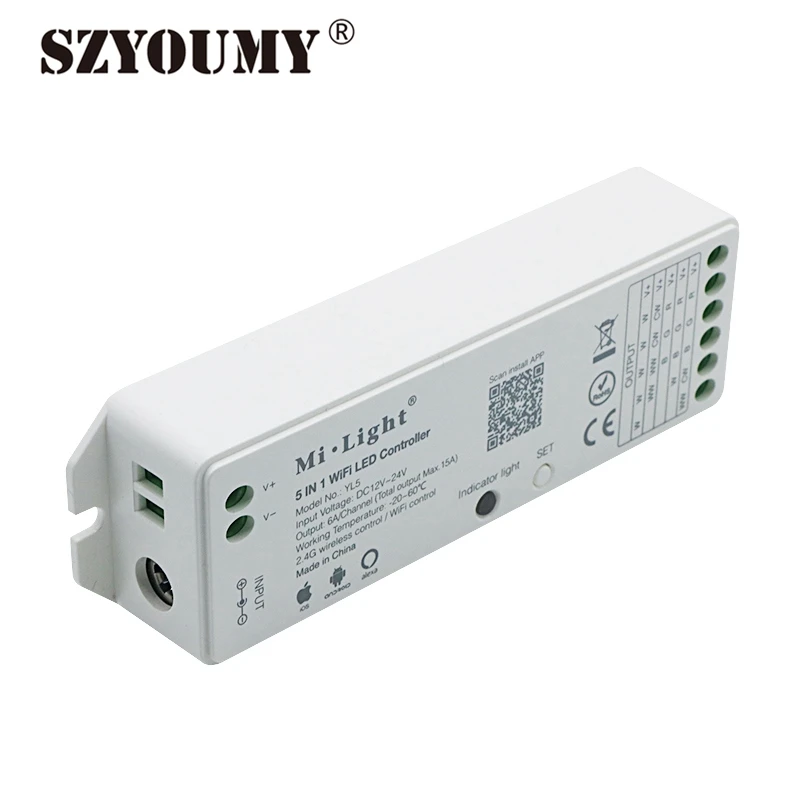 

SZYOUMY Mi Light Smart LED Controller YL5 WIFI Controller DC 12V-24V 5 In 1 IOS Android APP Control Max Load Wattage 360W