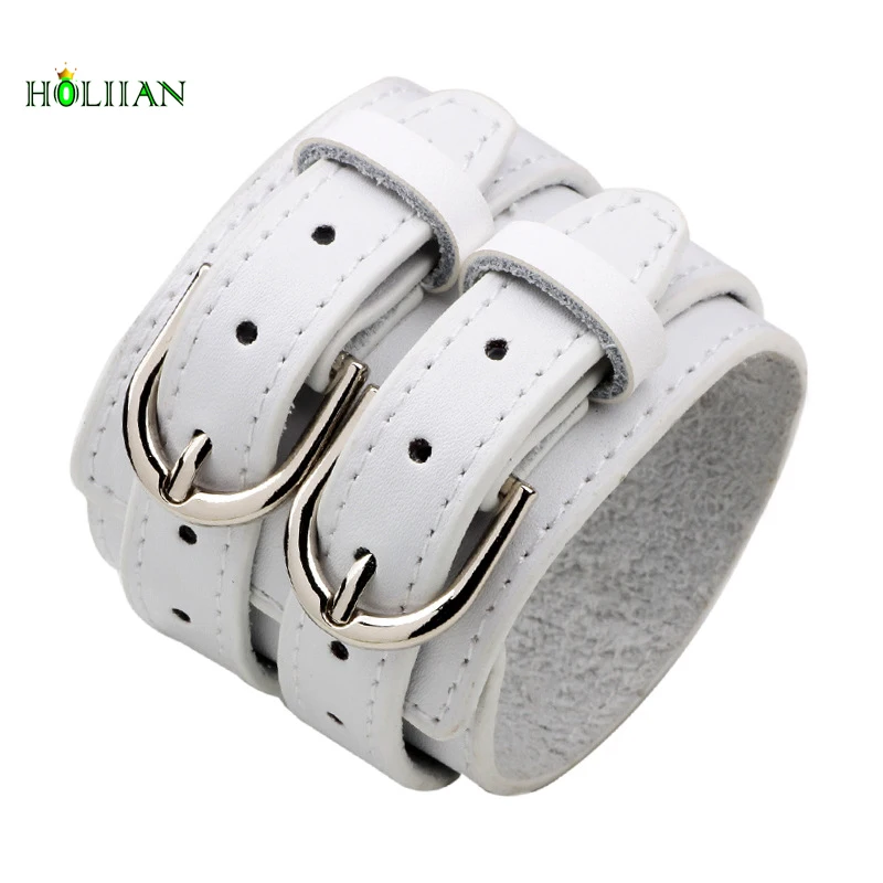 

Top Sale Cool Style Belt Buckle Punk Rock Stainless Steel Weave White Leather Bracelet&Bangle For Men Jewelry Braided Wrist Wrap