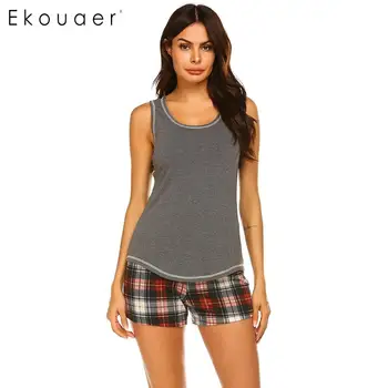 

Ekouaer Women Sleepwear Summer Pajamas Set Sexy Nightwear O-neck Sleeveless Tank Top Plaid Shorts Loose Lounge Pyjama Suit