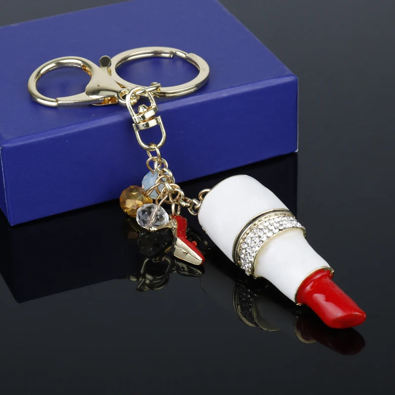 

Crystal Rhinestone Keyring Lipstick Keychain with Red High Heeled Shoes and Mix Beads Women Car Purse Holder KeyChains Accessory