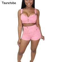 Tsuretobe модный Джинсовый комплект из двух предметов с пуговицами, женский летний сексуальный короткий топ на бретелях и шорты, комплект одежды без рукавов для женщин