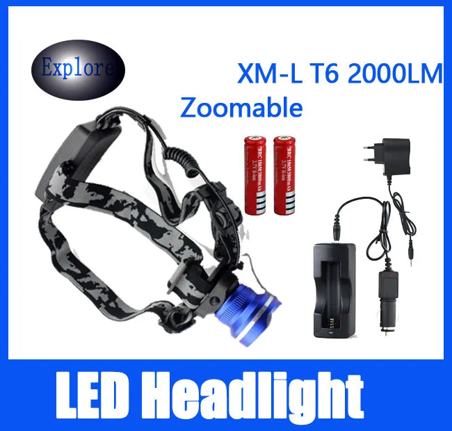 2000 Lumens XML T6 Linterna Torch Boruit Head Lamp light Headlamp Headlight DC Car Charger 2