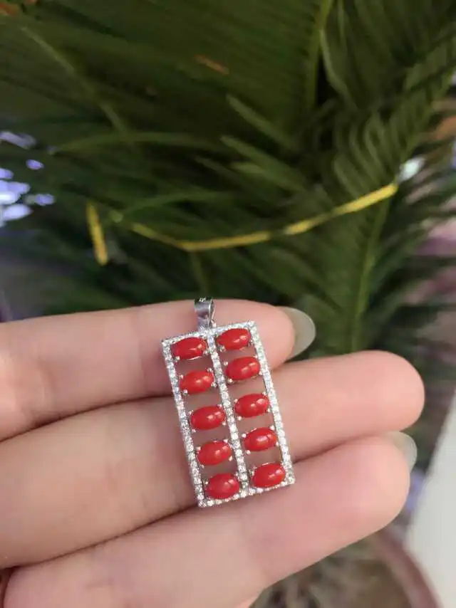 100% naturel rouge corail pendentif naturel pierre gemme style chinois Fortune abacus pendentif 925
