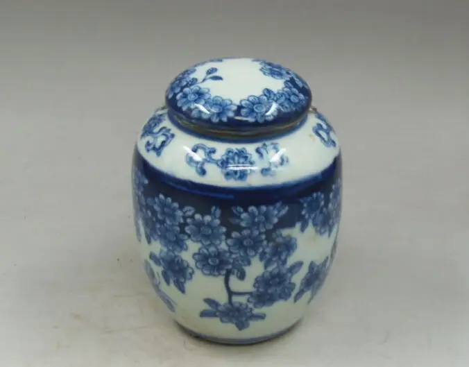 Изысканный Коллекционные вещи Китайский старый ручной синие и белые фарфоровые цветы Чай Caddy пот