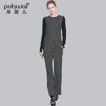 

POKWAI Full Sleeve Women 2 Piece Long Pants Sets New Brand Turtleneck Elastic Waist Trousers Ankle Length Striped Britches