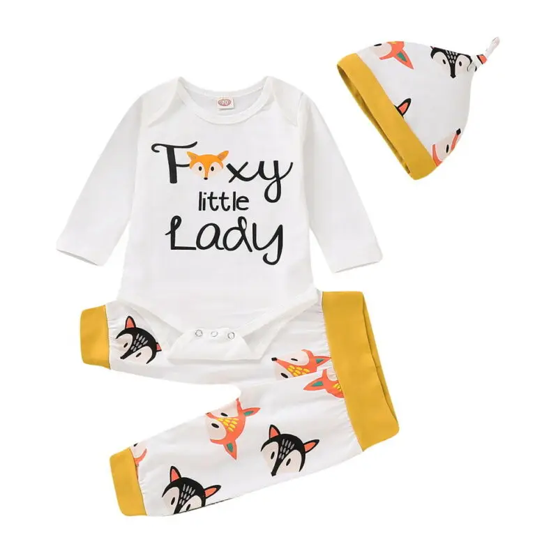 Комплект из 3 предметов, осенняя одежда для маленьких девочек комбинезон с длинными рукавами с изображением лисы + штаны + шапка, комплект
