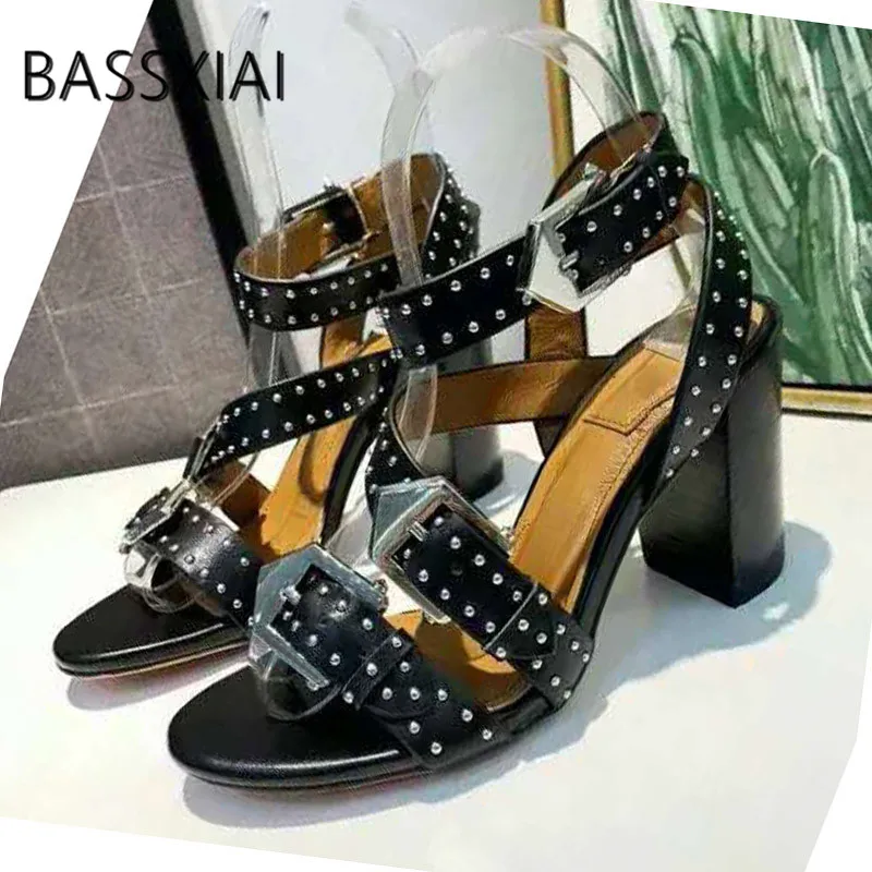 

2019 Punk Style Rivet Gladiator Sandals Women Open Toe Black White Real Leather High Heel Shoes Women Dress Shoes