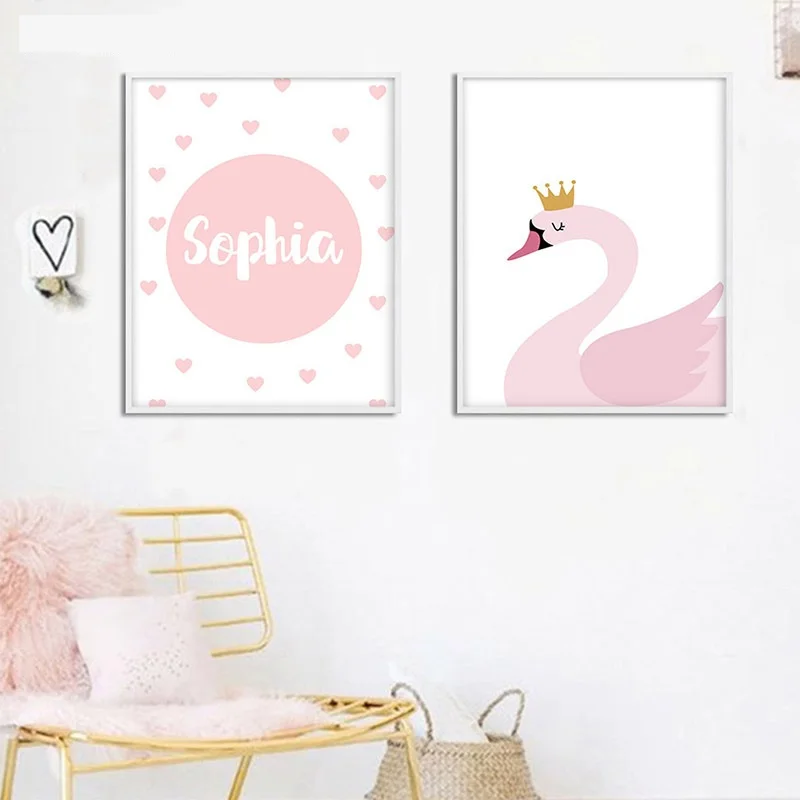 NDITB-Personal-Name-Custom-Poster-Cartoon-Pink-Swan-Nursery-Print-Painting-Decorative-Picture-Baby-Girls-Living(3)