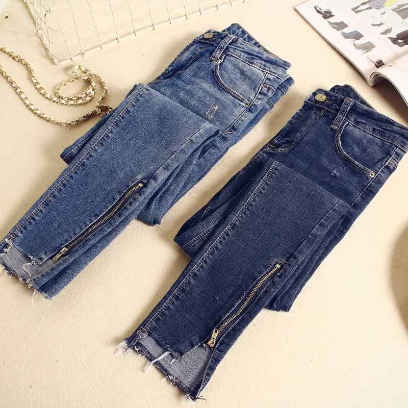 2019 Spring Summer Skinny Jeans Woman Vintage Zipper Irregular High Waist Jeans Pantalon Femme Pencil Pants Women Jeans C4191