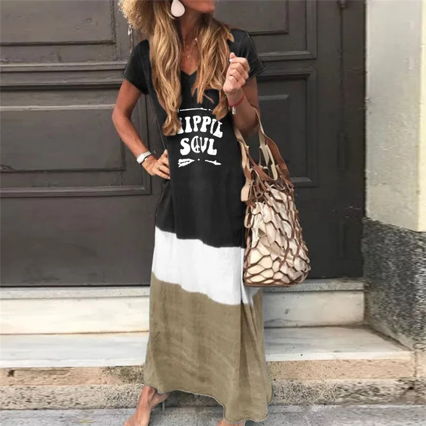 

Summer Dress Women 2019 Beach Dresses Plus Size Daily Tie-dyed Color Block Loose V Neck Short Sleeve Maxi Dress Elegant Vestidos