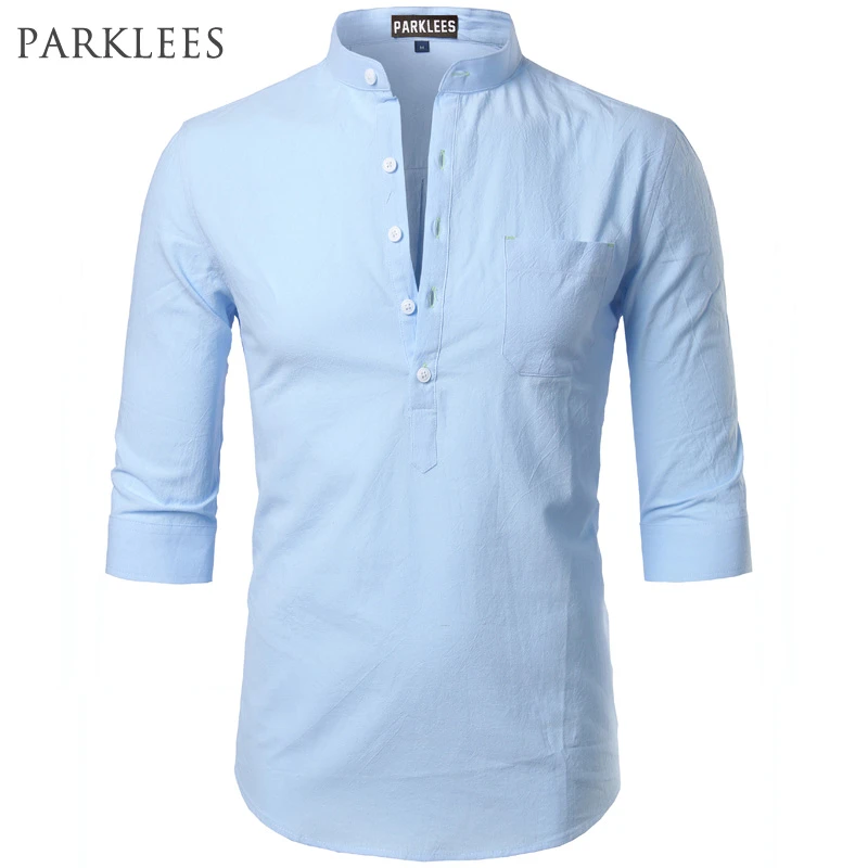 Chemise Homme Fashion Col Mandarin Manches Longues Slim Grandad Shirts Pullover