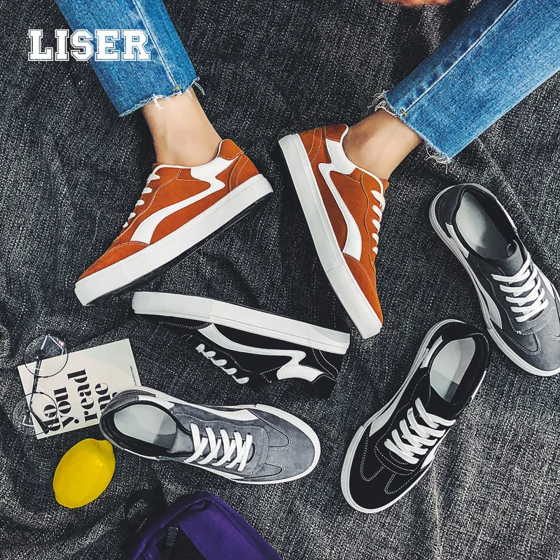 

men's pigskin suede sneakers flat laced up trainers durable black low top trendy fashion street style casual shoes for autumn