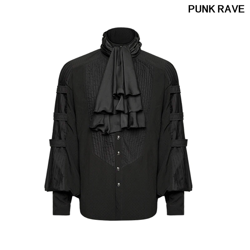 

Fashion Gentleman Steampunk High collar black Shirt with Necktie Gothic Black Top lantern sleeve Evening Shirt Punk rave Y-752