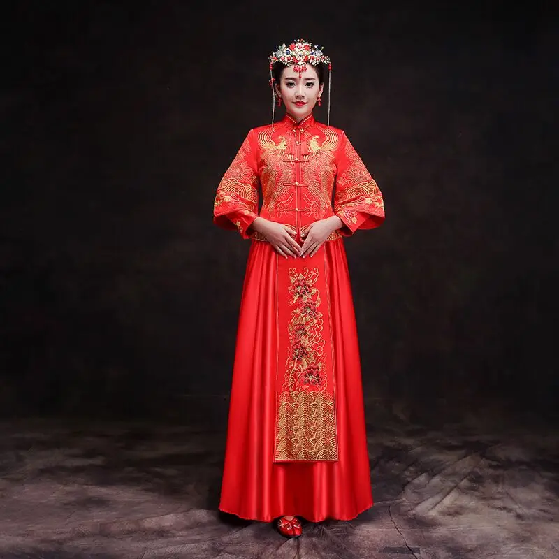 

Oriental Asian Bride beauty Chinese traditional Wedding Dress Women Red Floral Long Sleeve Embroidery Cheongsam Robe Qipao style