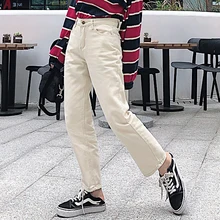 Новые стильные уличные Бежевые женские Свободные Студенческие ретро джинсы с высокой талией широкие зимние