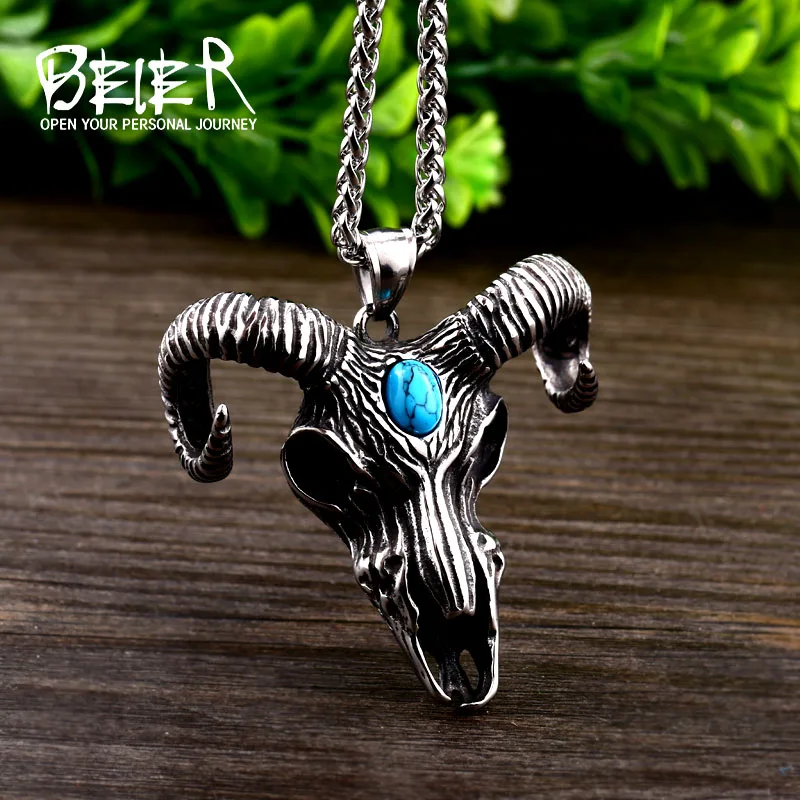 

Beier new store 316L Stainless Steel Virgin Sheep Skull Men Pendant Fashion Green Stone Tribal Patron Saint High Quality Jewelry