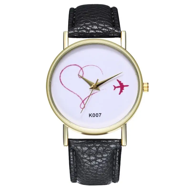 

Fashion Elegant Women Watch Love And Plane Pattern Casual Leather Band Analog Quartz Sport Wrist Watch Clock Relogio Feminino