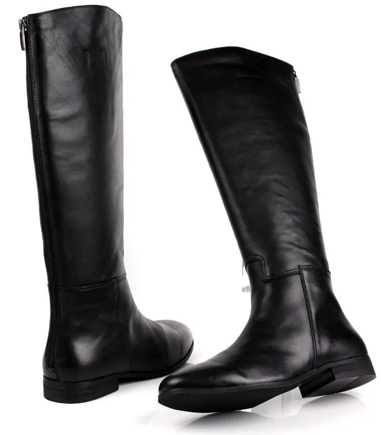 Черные мужские сапоги выше колена; мотоботы из натуральной кожи; модные мужские зимние сапоги; Повседневная обувь; Большие европейские размеры 45